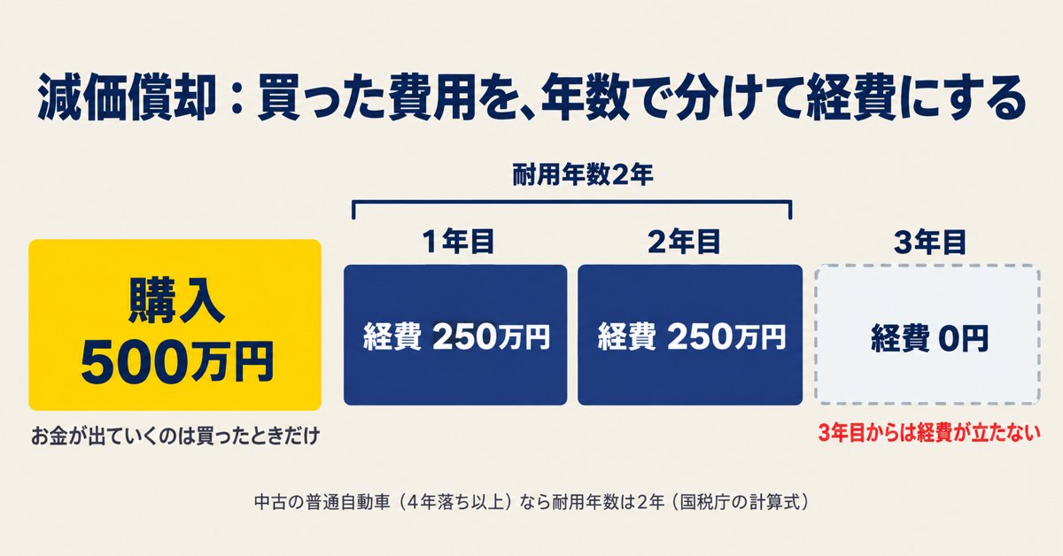 減価償却のイメージ。500万円で購入した資産を、耐用年数2年で1年目250万円・2年目250万円の経費にする